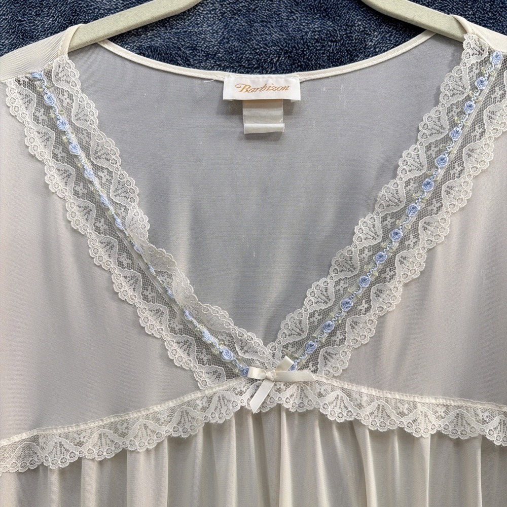 Vintage Barbizon Satin Nightgown Ivory Lace Blue Ribbon Slip Dress XL USA